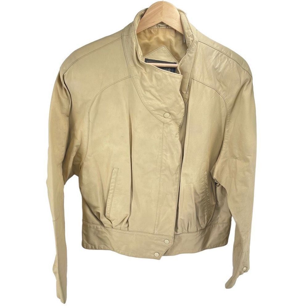 Vintage Tarazzia Womens Leather Jacket Moto Full Zip Crop Cream Beige Large